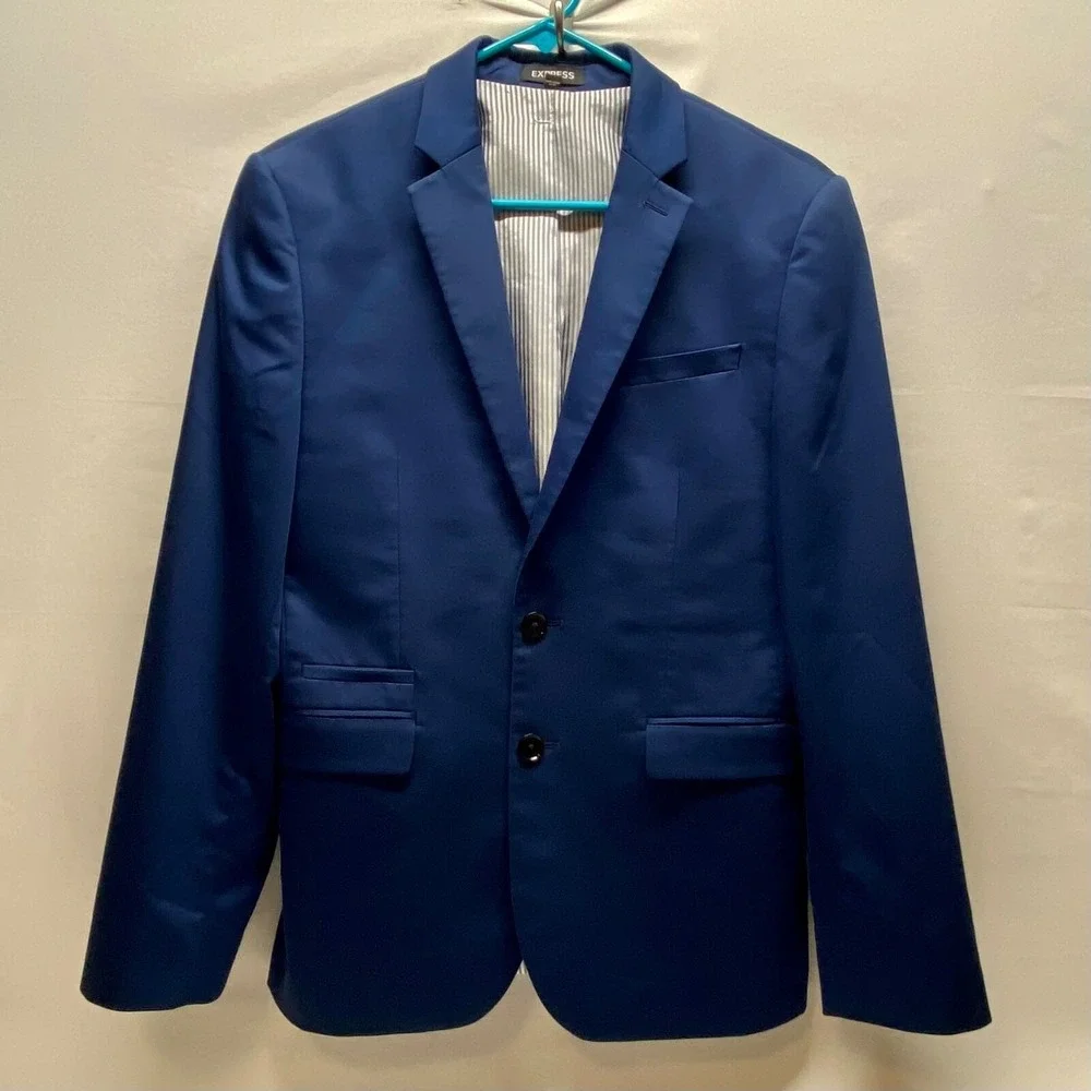 Express Blazer Suit Jacket Men's Medium Navy Blue 2 Button Slim Fit Top Coat EUC